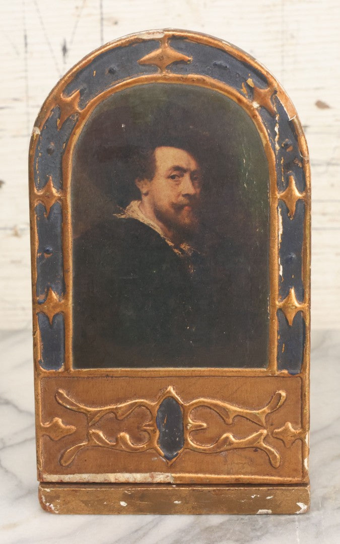 Lot 023 - Pair Of Vintage Florentine Art Folding Wood Bookends With Images Of Leonardo De Vinci, And Peter Paul Rubens