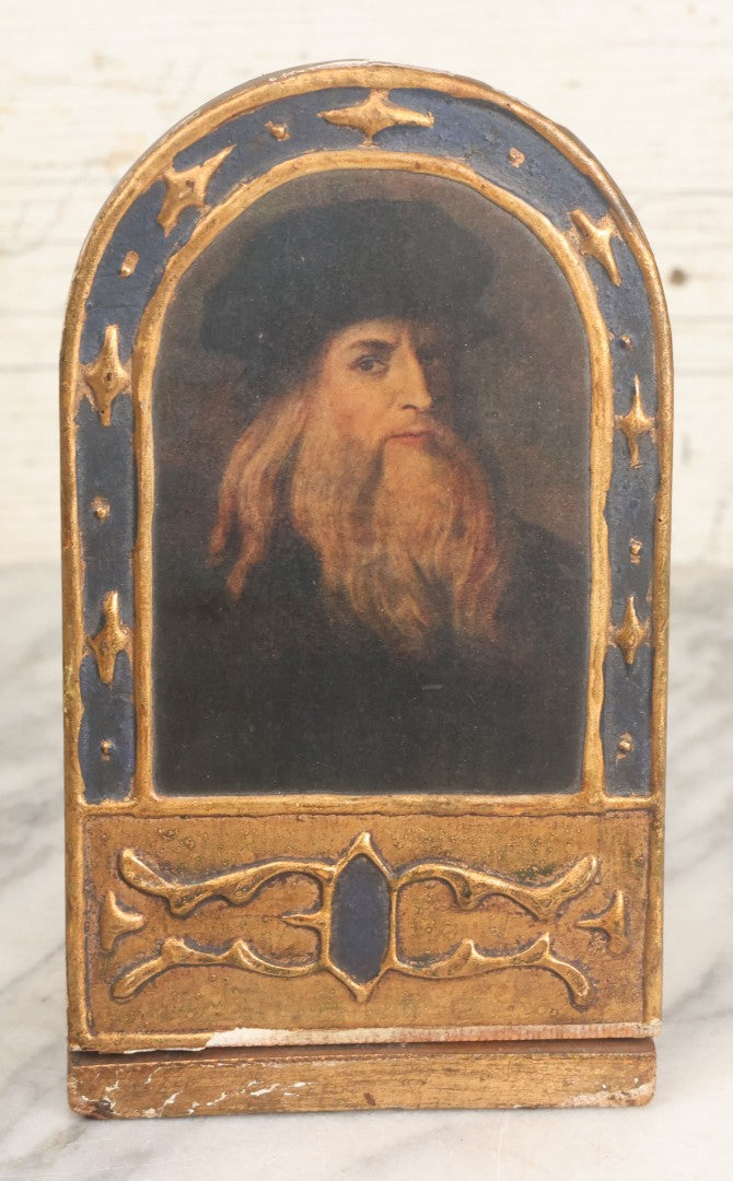 Lot 023 - Pair Of Vintage Florentine Art Folding Wood Bookends With Images Of Leonardo De Vinci, And Peter Paul Rubens