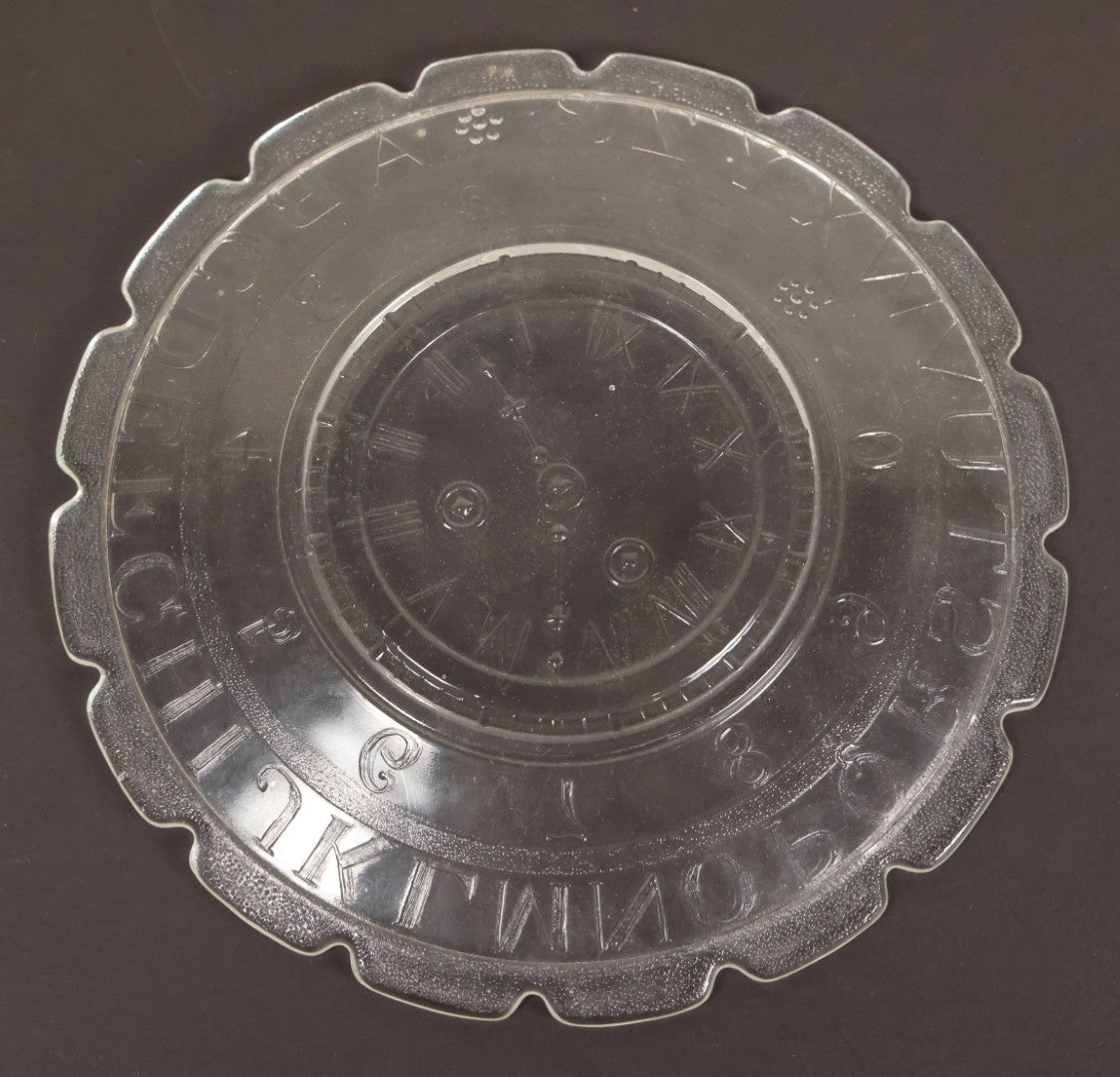 Lot 027 - Antique Early American Pattern Glass E.A.P.G. Alphabet Plate With Clock Motif, 7" Diameter