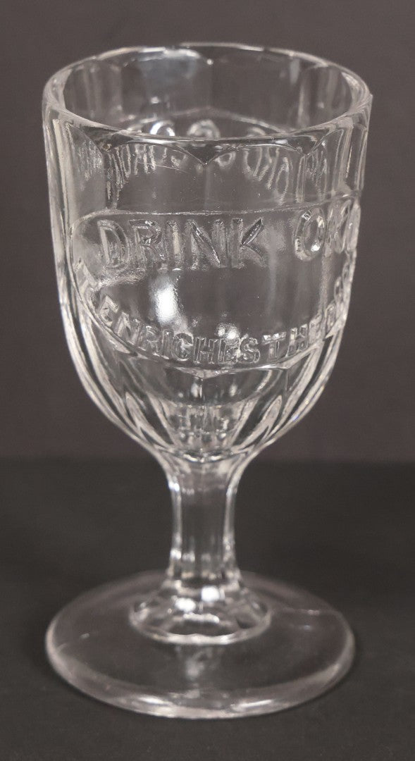 Lot 029 - Antique Pressed Glass Advertising Cup For Oko Cordial, With Slogans "Drink Oko, It Enriches The Blood" And "Oko Cordial Is Very Refreshing," 4" Height