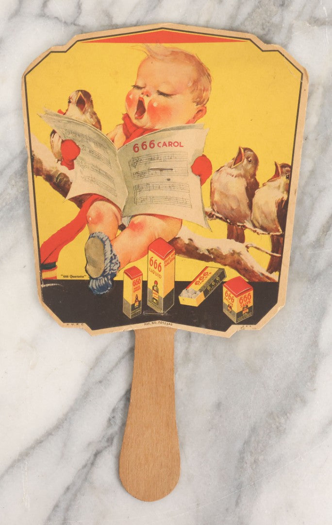 Lot 035 - Vintage 666 Laxative And Tonic Advertising Caroller Hand Fan, Patent No. 2052180, Copyright U.R.C.