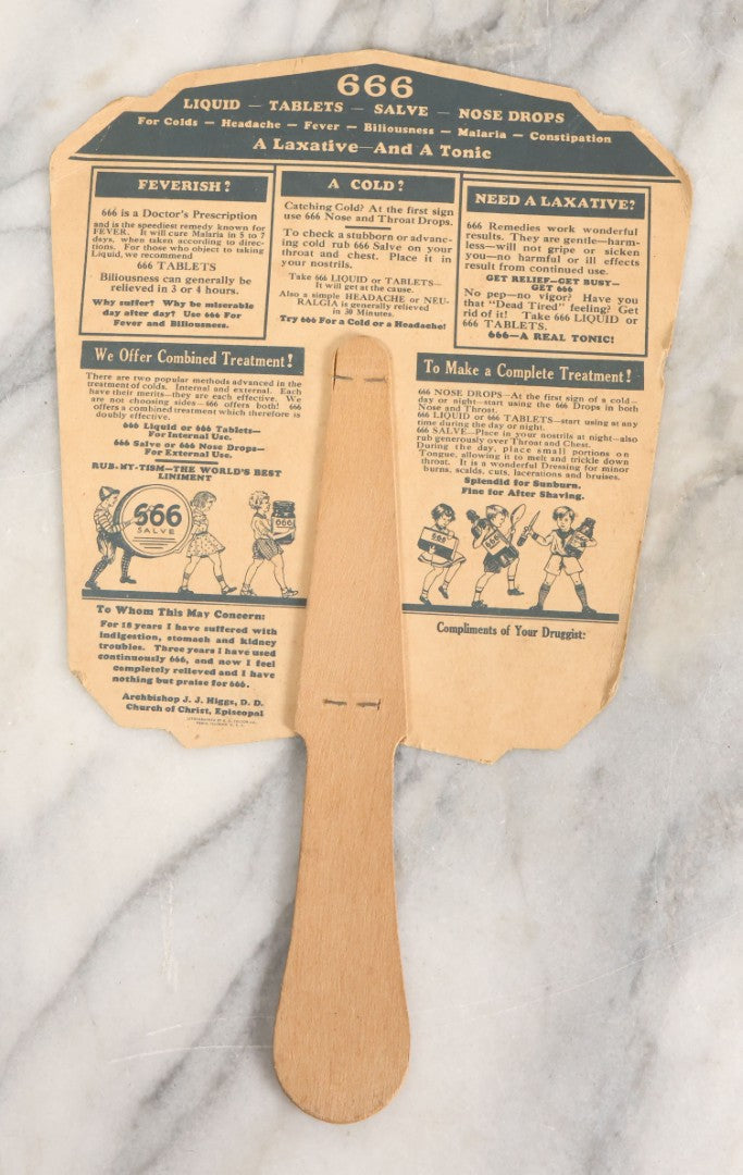 Lot 035 - Vintage 666 Laxative And Tonic Advertising Caroller Hand Fan, Patent No. 2052180, Copyright U.R.C.