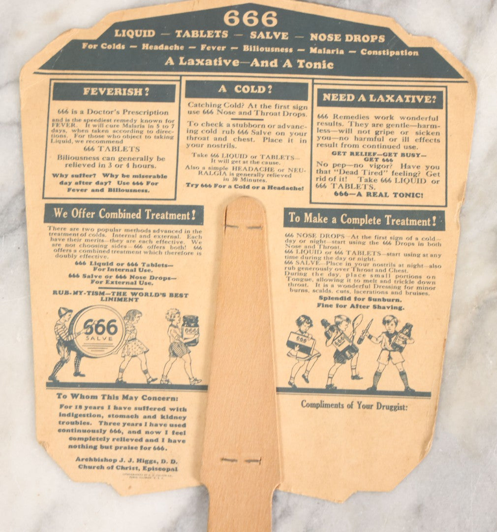 Lot 035 - Vintage 666 Laxative And Tonic Advertising Caroller Hand Fan, Patent No. 2052180, Copyright U.R.C.