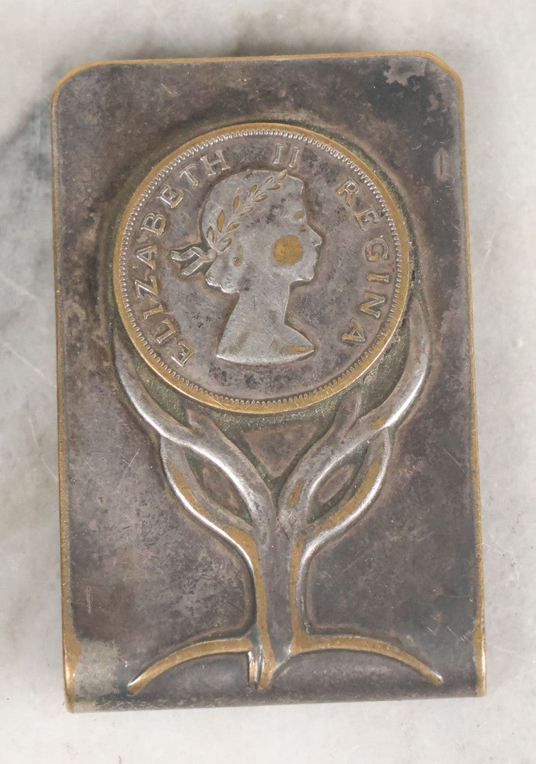 Lot 037 - Vintage Art Nouveau Money Clip With Elizabeth II Regina Coin, Manufactured By Balfur