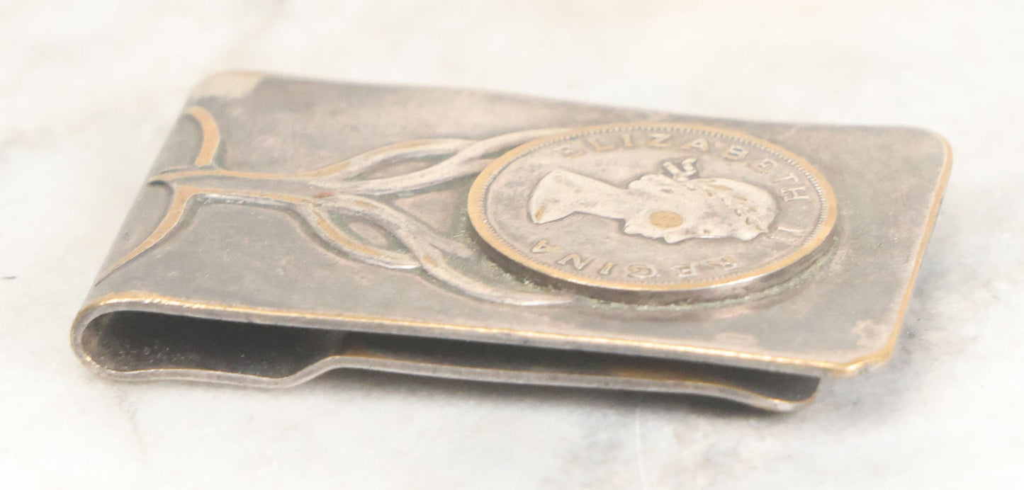 Lot 037 - Vintage Art Nouveau Money Clip With Elizabeth II Regina Coin, Manufactured By Balfur