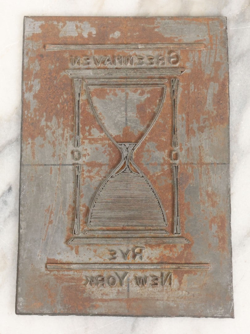 Lot 038 - Vintage Bookplate Printing Block With Hourglass Motif For Greenhaven, Rye, New York