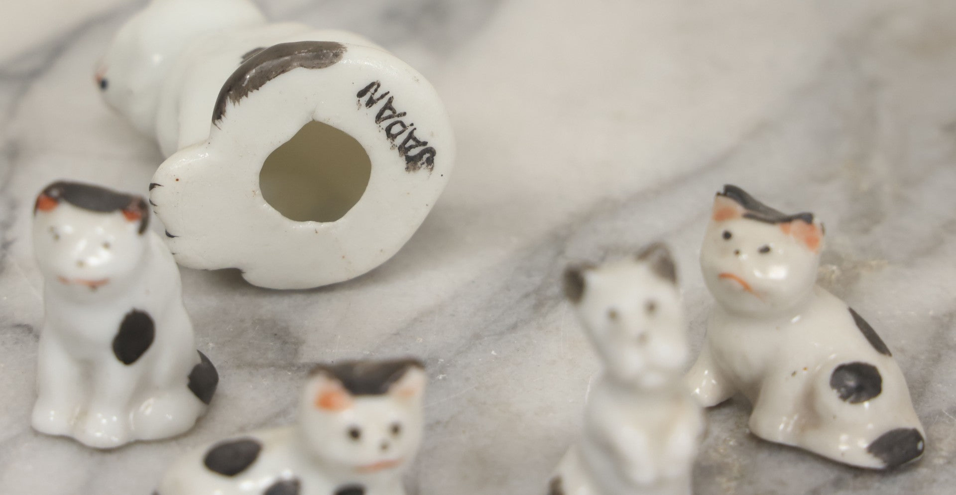 Lot 042 - Grouping Of Five Vintage Porcelain Hand Painted Animals Including Mama Cat And Three Kittens, And Little Dog, Made In Japan