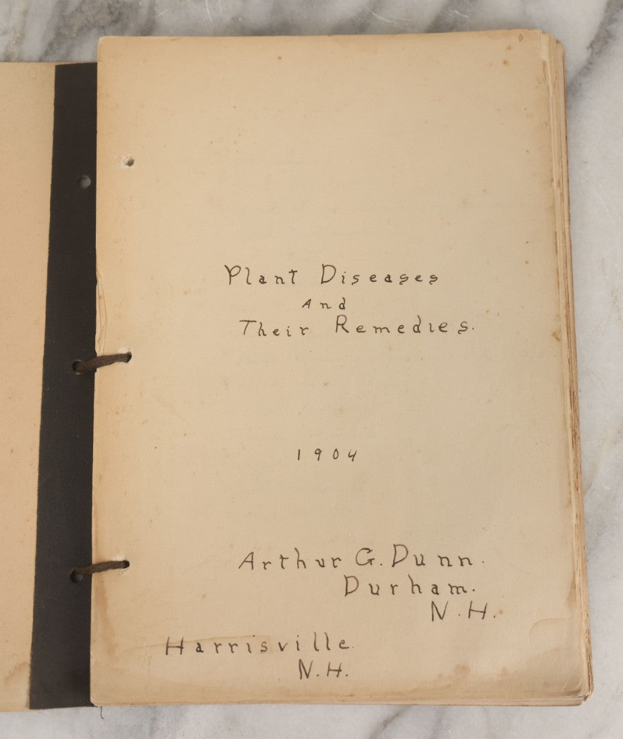 Lot 046 - Antique New Hampshire College Course Notebook For "Plant Diseases And Their Remedies" Having Belonged To Arthur G. Dunn, Durham And Harrisville, New Hampshire, 1904, With Handwritten Notes Taken In Course Of Study
