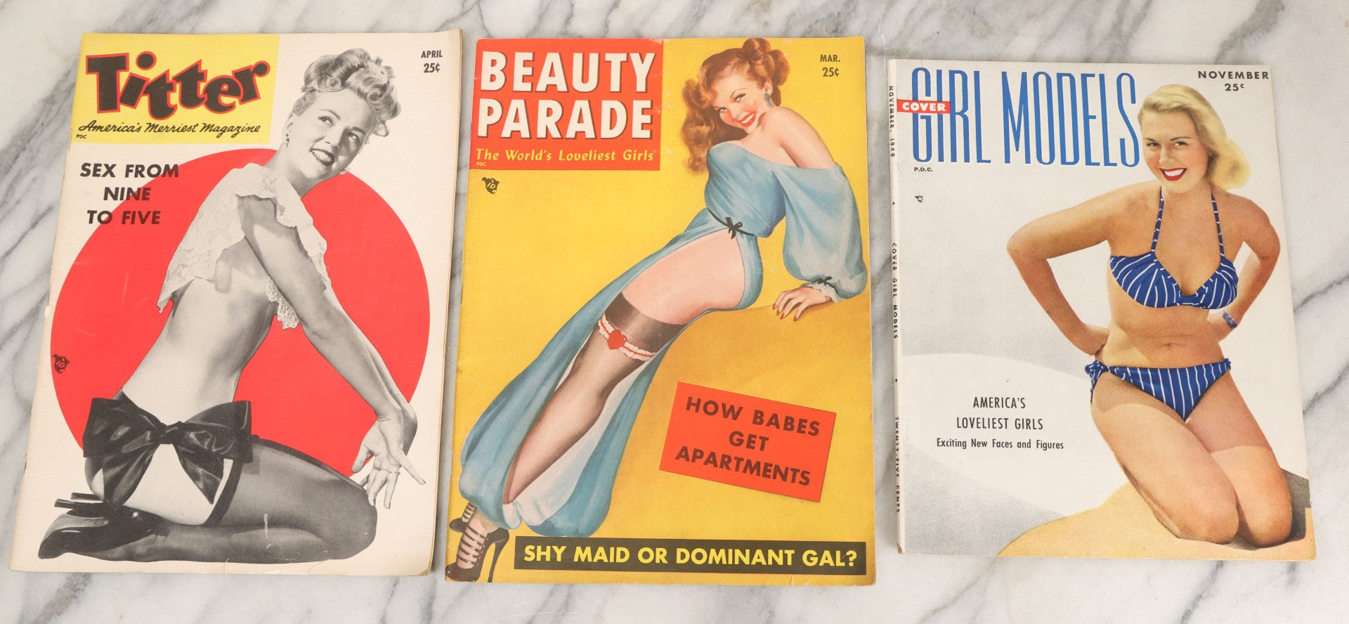 Lot 048 - Grouping Of Three Vintage Pin Up Men's Magazines Including "Cover Girl Models" (November 1949), "Beauty Parade" (March 1949), And "Titter" (April 1949)