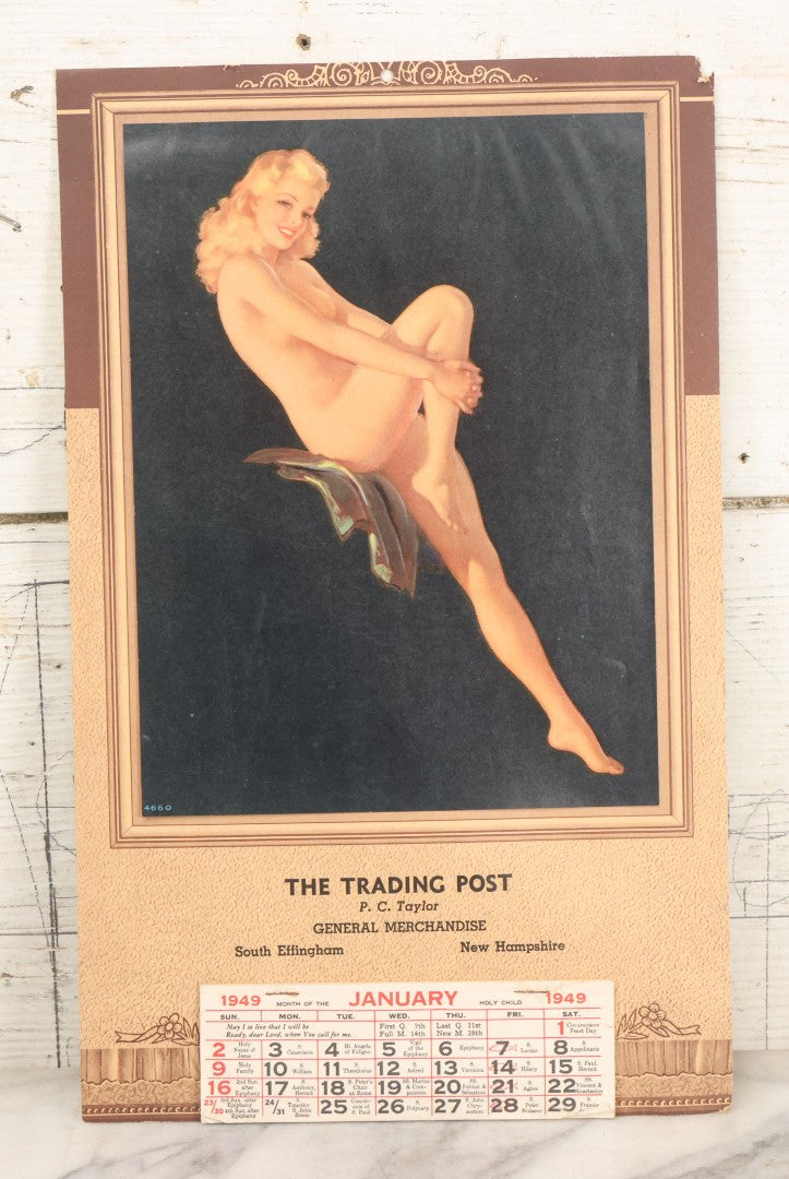 Lot 049 - Vintage Pinup Advertising 1949 Calendar With Nude Blond Woman, Advertising The Trading Post, P.C. Taylor, General Merchandise, South Effingham, New Hampshire, Calendar Complete