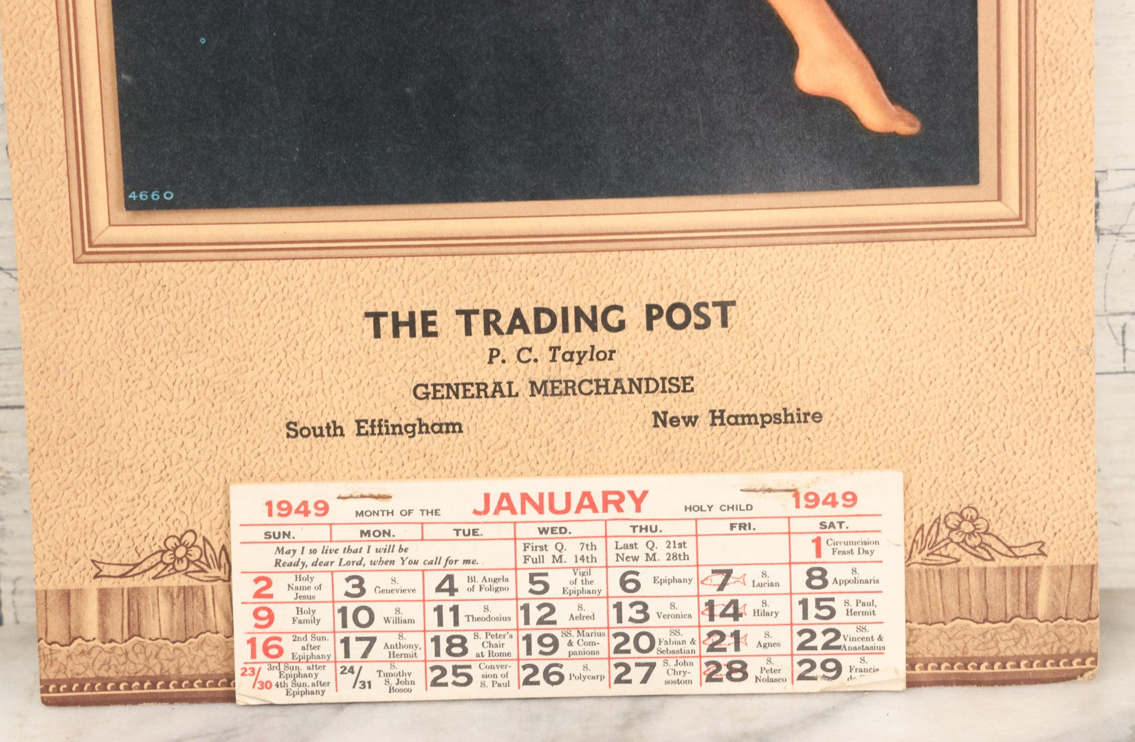 Lot 049 - Vintage Pinup Advertising 1949 Calendar With Nude Blond Woman, Advertising The Trading Post, P.C. Taylor, General Merchandise, South Effingham, New Hampshire, Calendar Complete