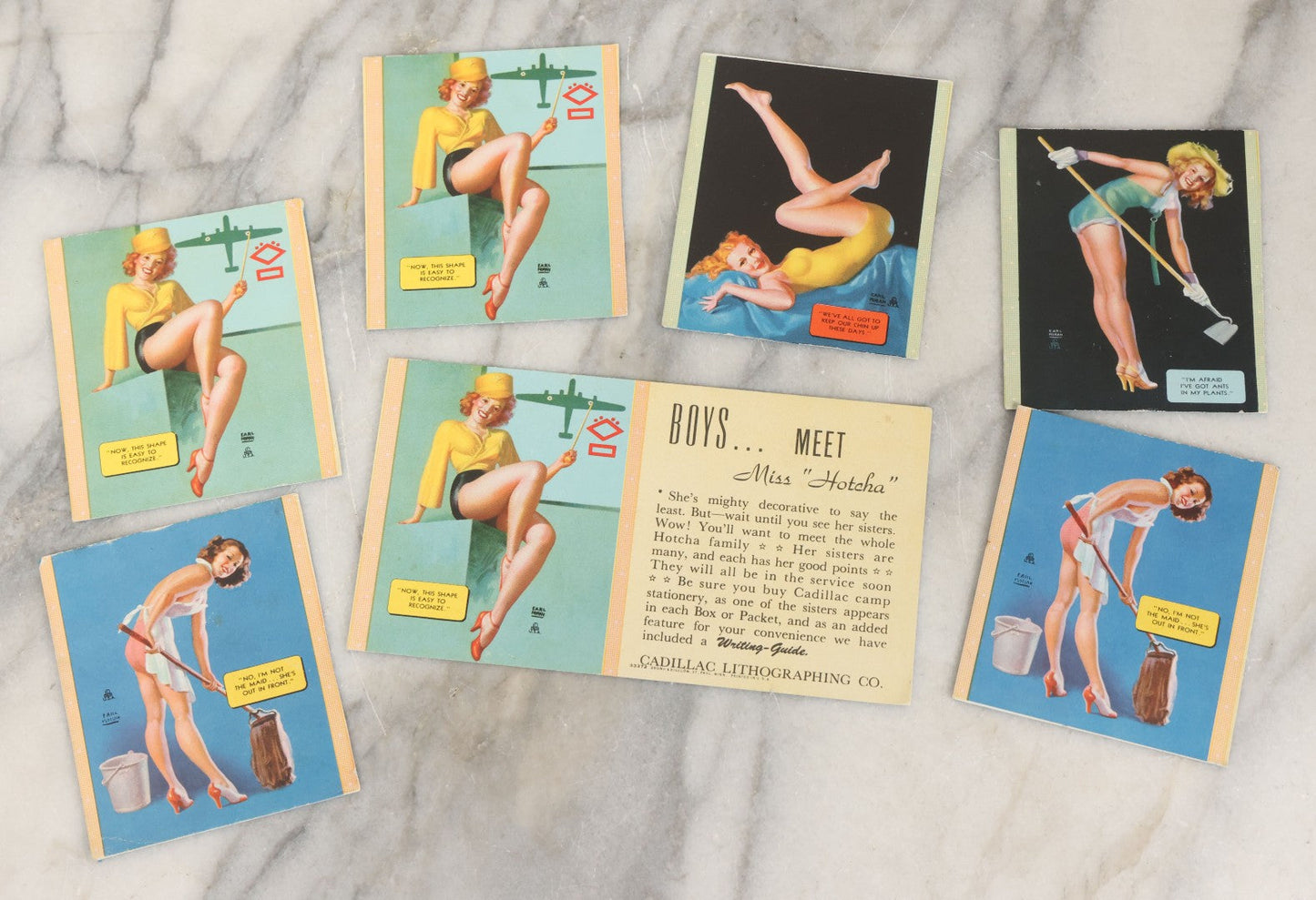 Lot 051 - Grouping Of Six Vintage Pinup Advertising Blotter Scraps, Most With Advertising Cut Off, With Risqué Pinup Women Painted By Earl Moran 