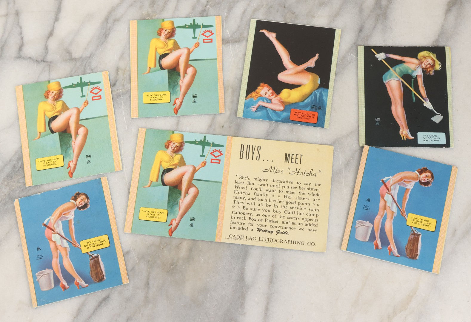 Lot 051 - Grouping Of Six Vintage Pinup Advertising Blotter Scraps, Most With Advertising Cut Off, With Risqué Pinup Women Painted By Earl Moran 