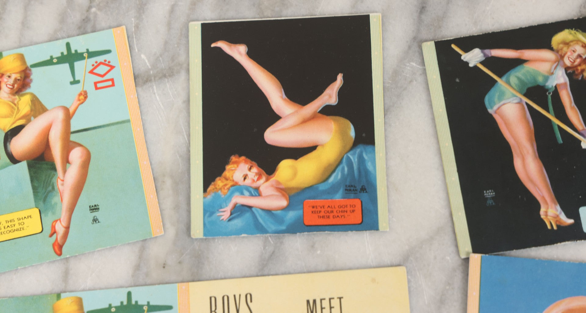 Lot 051 - Grouping Of Six Vintage Pinup Advertising Blotter Scraps, Most With Advertising Cut Off, With Risqué Pinup Women Painted By Earl Moran 