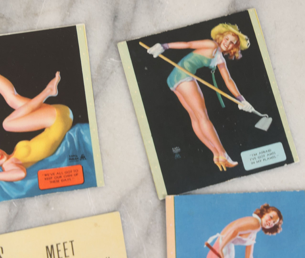 Lot 051 - Grouping Of Six Vintage Pinup Advertising Blotter Scraps, Most With Advertising Cut Off, With Risqué Pinup Women Painted By Earl Moran 