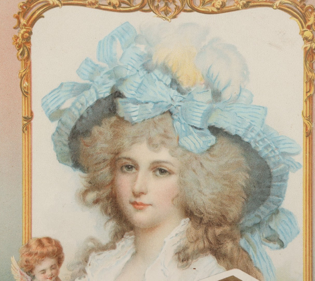 Lot 053 - Antique Nabisco National Biscuit Company Lithographed Advertisement With Woman In Blue Hat And Cherubs, Copyright 1902, In Vintage Frame, 7-1/8" x 9-1/2"