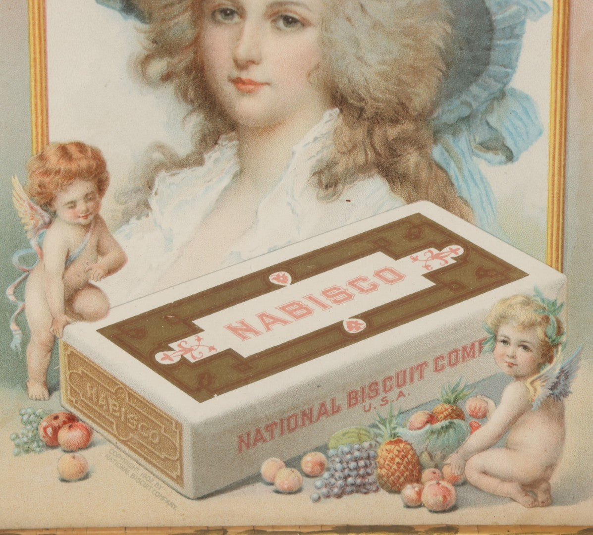 Lot 053 - Antique Nabisco National Biscuit Company Lithographed Advertisement With Woman In Blue Hat And Cherubs, Copyright 1902, In Vintage Frame, 7-1/8" x 9-1/2"