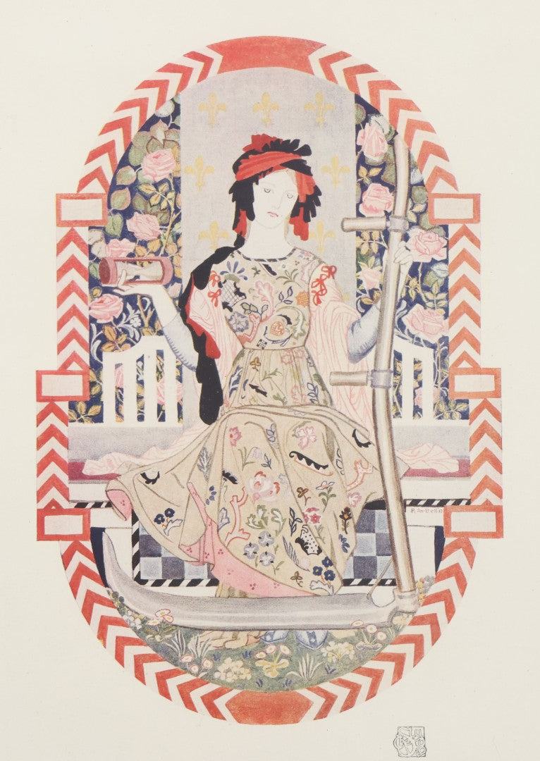 Lot 054 - Antique Magazine Print Of A Design For An Embroidered Chair Back Depicting Mother Time By R. Anning Bell, From The May 1913 Issue Of "The International Studio" Magazine, In Vintage Frame, 12-1/2" x 15-1/2"