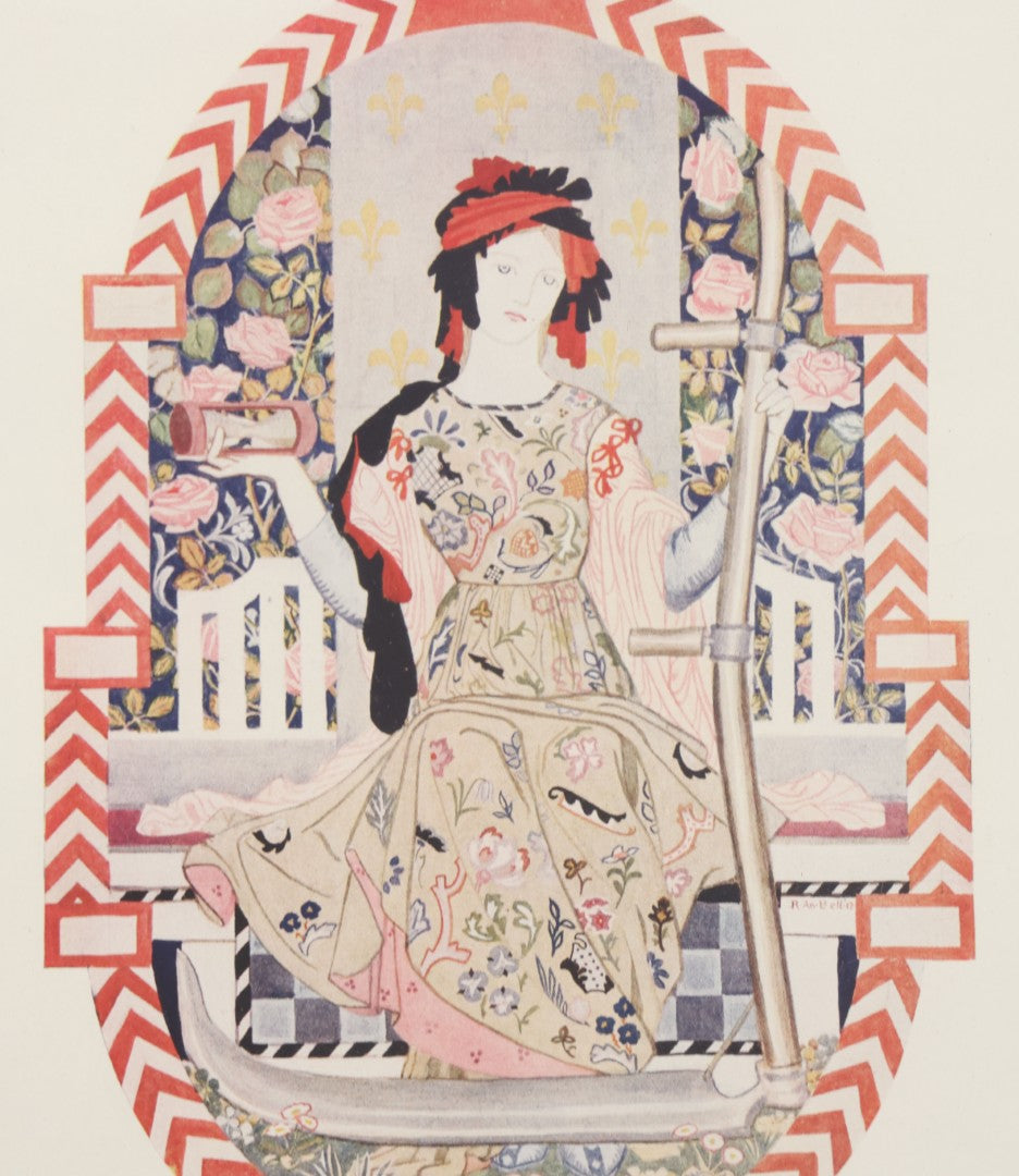 Lot 054 - Antique Magazine Print Of A Design For An Embroidered Chair Back Depicting Mother Time By R. Anning Bell, From The May 1913 Issue Of "The International Studio" Magazine, In Vintage Frame, 12-1/2" x 15-1/2"