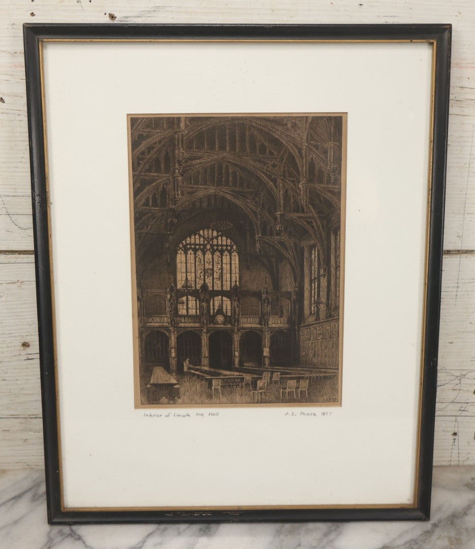 Lot 055 - Antique Etching Of The Interior Of Lincoln Inn Hall By A.E. Peara, 1857, In Vintage Frame, 13" x 16-3/8"