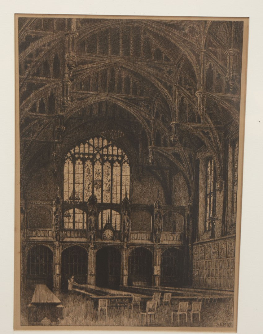 Lot 055 - Antique Etching Of The Interior Of Lincoln Inn Hall By A.E. Peara, 1857, In Vintage Frame, 13" x 16-3/8"