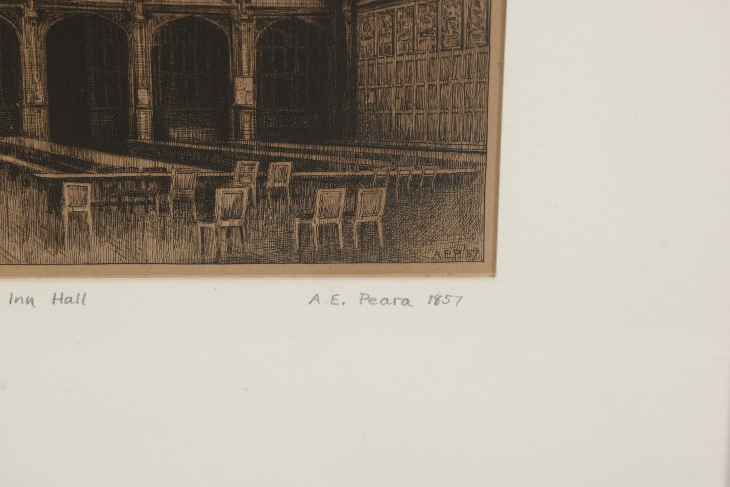Lot 055 - Antique Etching Of The Interior Of Lincoln Inn Hall By A.E. Peara, 1857, In Vintage Frame, 13" x 16-3/8"