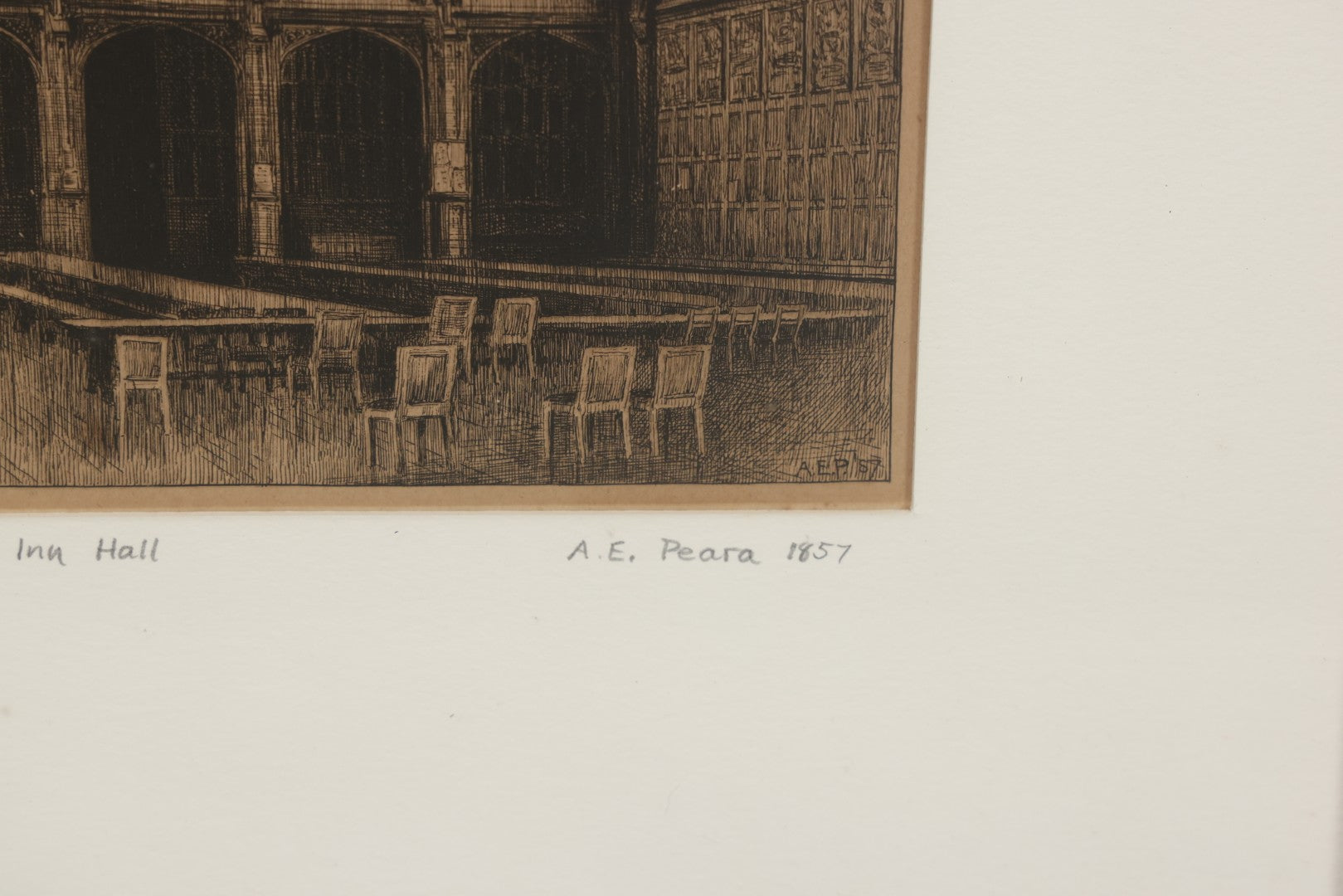 Lot 055 - Antique Etching Of The Interior Of Lincoln Inn Hall By A.E. Peara, 1857, In Vintage Frame, 13" x 16-3/8"