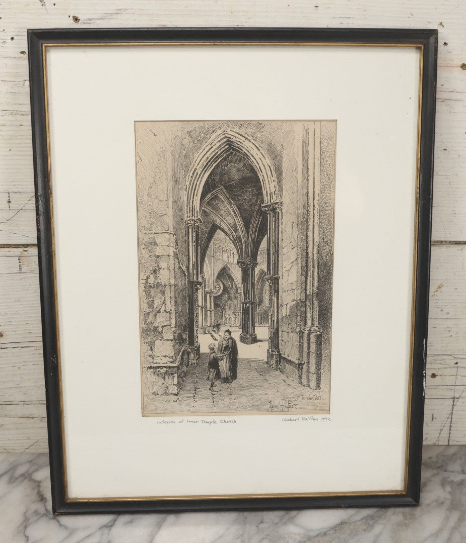 Lot 056 - Antique Etching Of The Interior Of Inner Temple Church By Herbert Railton, 1892, In Vintage Frame, 13" x 16-3/8"