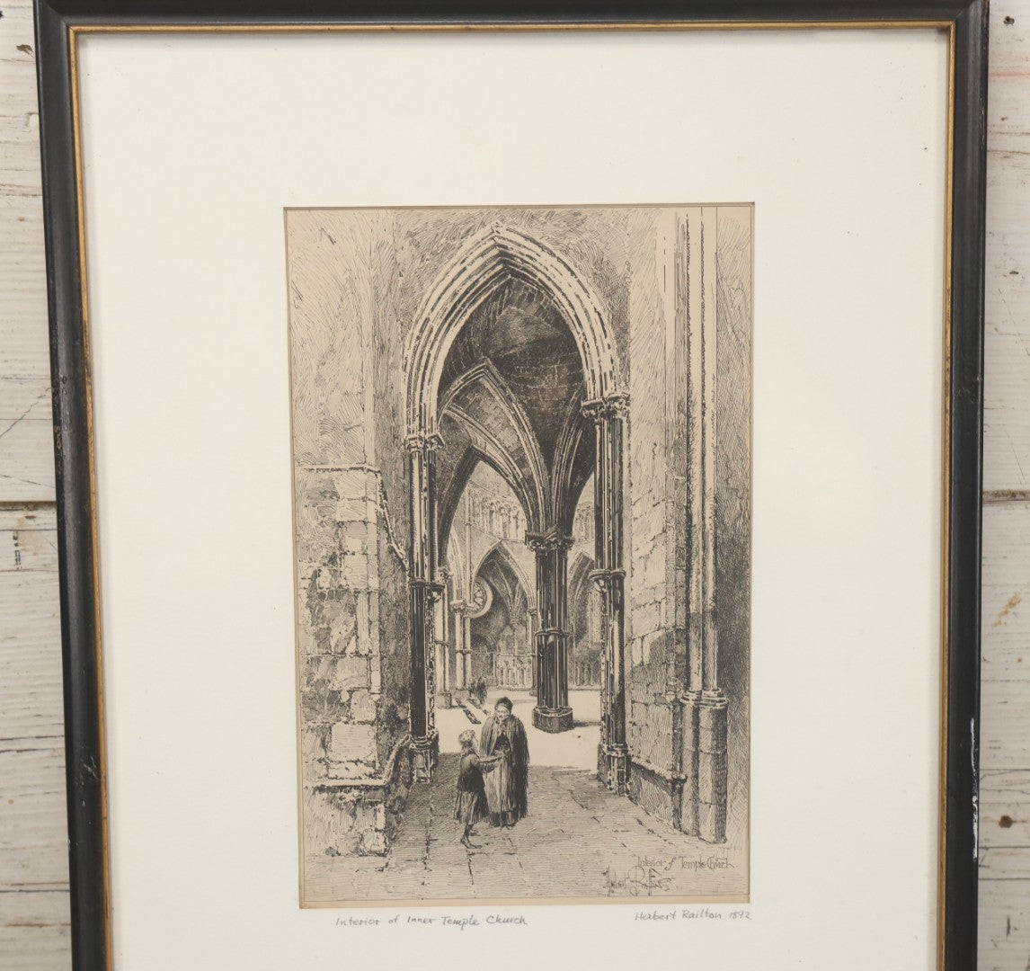 Lot 056 - Antique Etching Of The Interior Of Inner Temple Church By Herbert Railton, 1892, In Vintage Frame, 13" x 16-3/8"