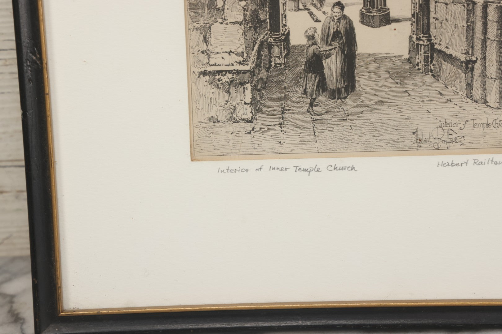 Lot 056 - Antique Etching Of The Interior Of Inner Temple Church By Herbert Railton, 1892, In Vintage Frame, 13" x 16-3/8"