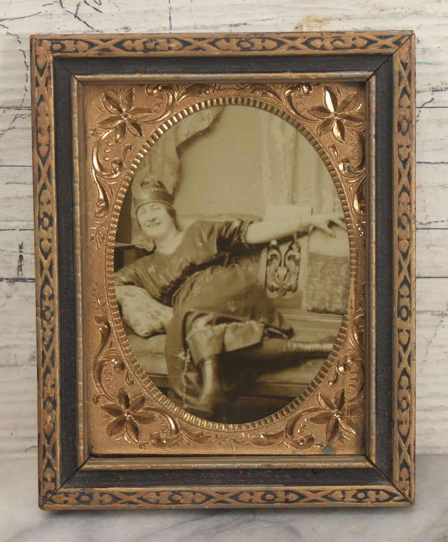 Lot 058 - Antique Trimmed Real Photo Postcard R.P.P.C. Of Woman In Crescent Moon And Star Decorated Costume, Frame With Brass Mat, 4" x 5"