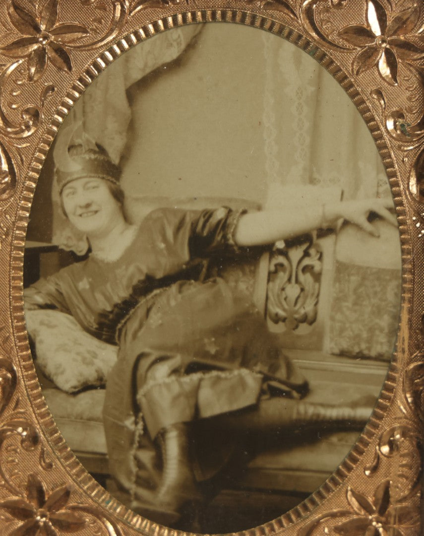 Lot 058 - Antique Trimmed Real Photo Postcard R.P.P.C. Of Woman In Crescent Moon And Star Decorated Costume, Frame With Brass Mat, 4" x 5"