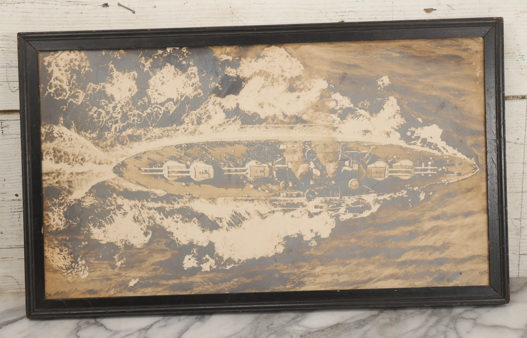 Lot 059 - Vintage Birds Eye View Photograph Of Battleship At Sea With Crew On Deck, Circa Early 20th Century, In Frame, 20-7/8" x 12-3/8"