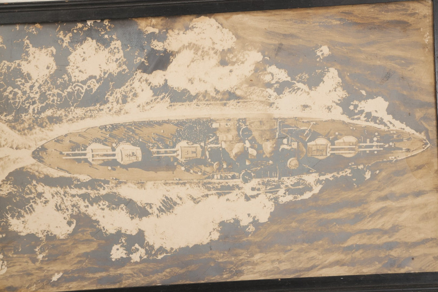 Lot 059 - Vintage Birds Eye View Photograph Of Battleship At Sea With Crew On Deck, Circa Early 20th Century, In Frame, 20-7/8" x 12-3/8"