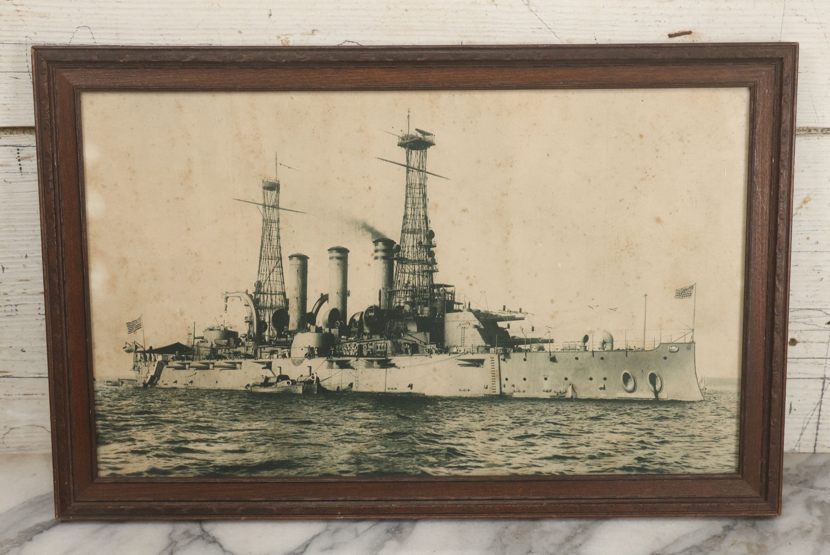 Lot 060 - Antique Photo Of U.S.S. New Jersey (BB-16) Virginia-Class United States Navy Battleship, In Original Frame, Framed By Chamberlain Bros. Picture Framing, Pittsfield, Massachusetts, 17" x 11"
