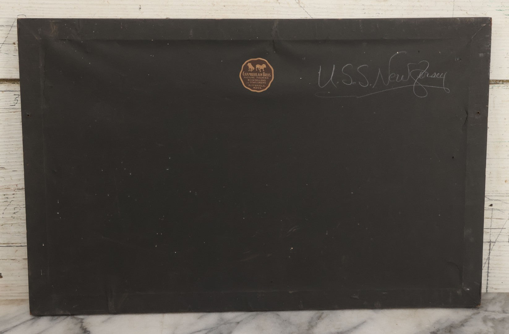 Lot 060 - Antique Photo Of U.S.S. New Jersey (BB-16) Virginia-Class United States Navy Battleship, In Original Frame, Framed By Chamberlain Bros. Picture Framing, Pittsfield, Massachusetts, 17" x 11"