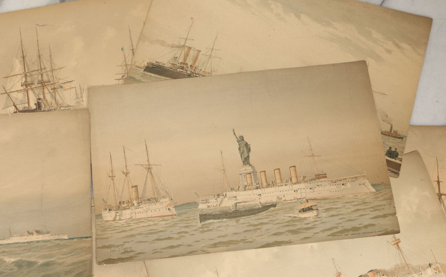 Lot 061 - Grouping Of 11 Antique Chromolithograph Prints Of U.S. Navy Battleships As Illustrated By Fred S. Cozzens, Copyright 1893 By The American Publishing Co., Hartford, Connecticut, Armstrong & Co., Lithographers, Boston
