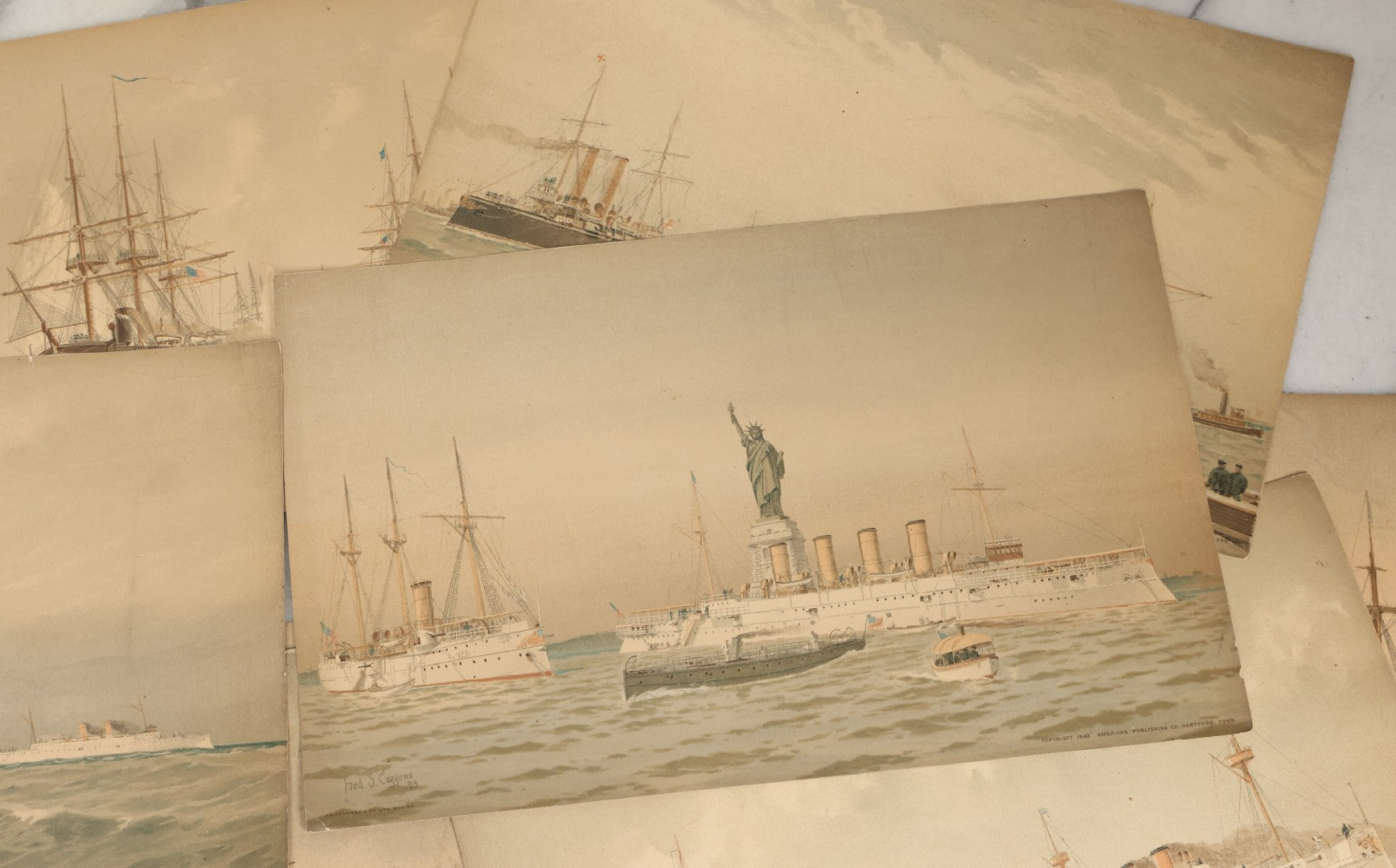Lot 061 - Grouping Of 11 Antique Chromolithograph Prints Of U.S. Navy Battleships As Illustrated By Fred S. Cozzens, Copyright 1893 By The American Publishing Co., Hartford, Connecticut, Armstrong & Co., Lithographers, Boston