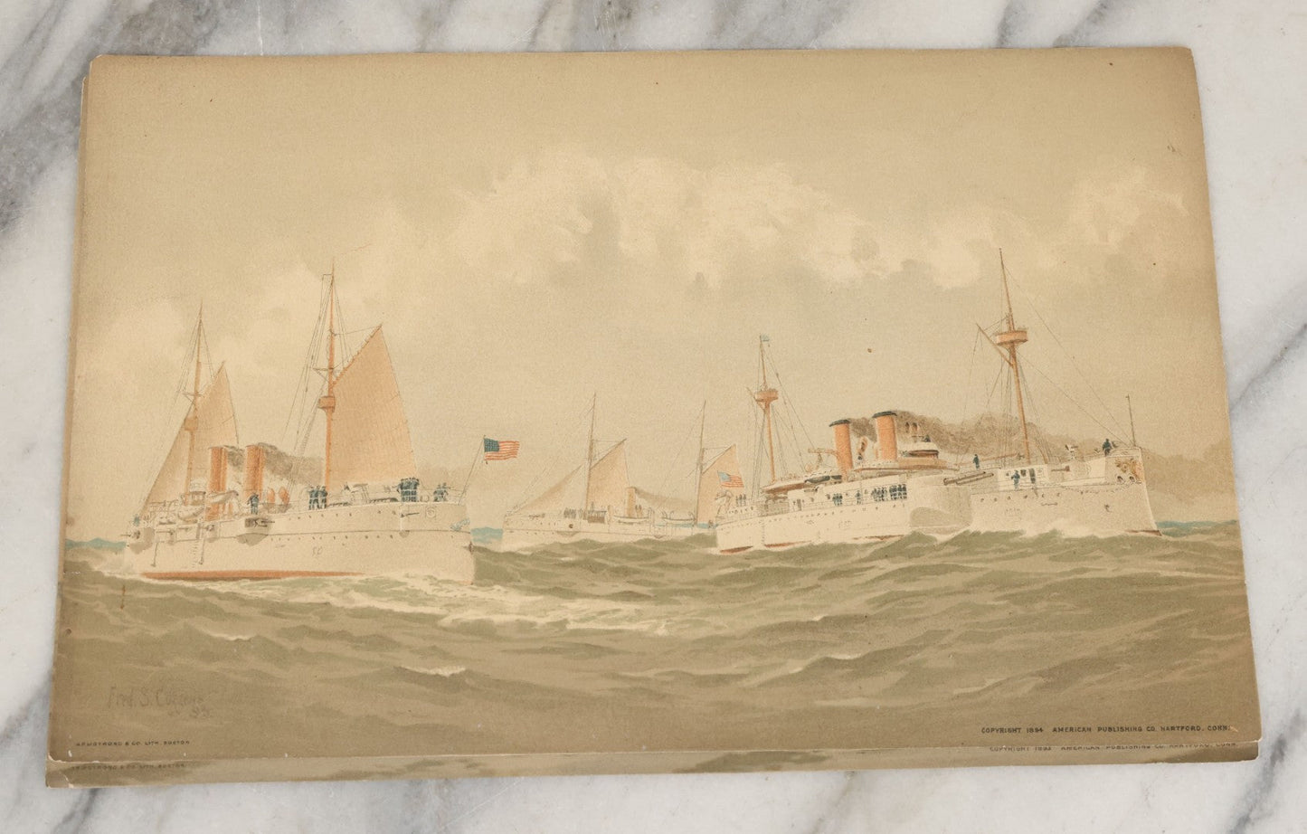 Lot 061 - Grouping Of 11 Antique Chromolithograph Prints Of U.S. Navy Battleships As Illustrated By Fred S. Cozzens, Copyright 1893 By The American Publishing Co., Hartford, Connecticut, Armstrong & Co., Lithographers, Boston