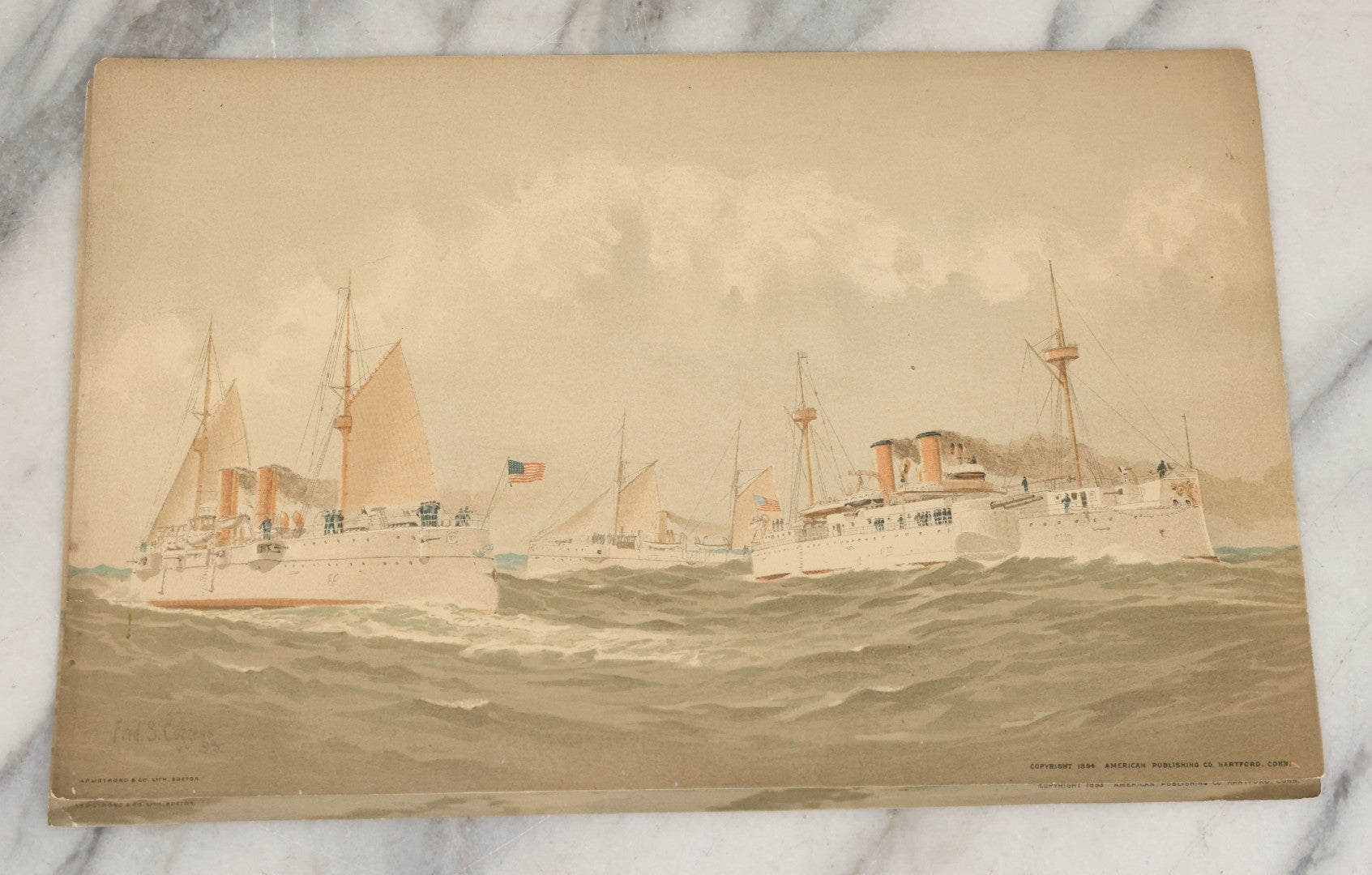 Lot 061 - Grouping Of 11 Antique Chromolithograph Prints Of U.S. Navy Battleships As Illustrated By Fred S. Cozzens, Copyright 1893 By The American Publishing Co., Hartford, Connecticut, Armstrong & Co., Lithographers, Boston