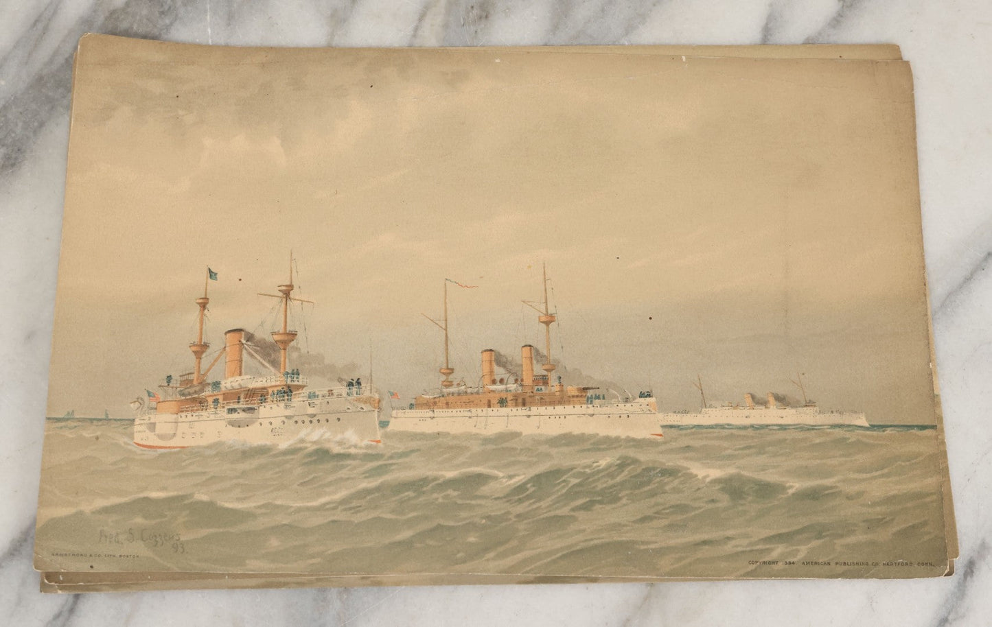 Lot 061 - Grouping Of 11 Antique Chromolithograph Prints Of U.S. Navy Battleships As Illustrated By Fred S. Cozzens, Copyright 1893 By The American Publishing Co., Hartford, Connecticut, Armstrong & Co., Lithographers, Boston