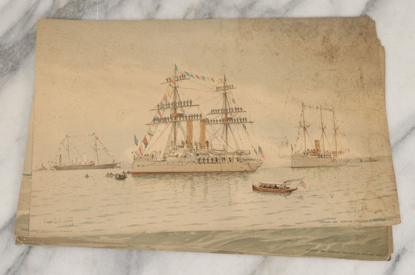 Lot 061 - Grouping Of 11 Antique Chromolithograph Prints Of U.S. Navy Battleships As Illustrated By Fred S. Cozzens, Copyright 1893 By The American Publishing Co., Hartford, Connecticut, Armstrong & Co., Lithographers, Boston