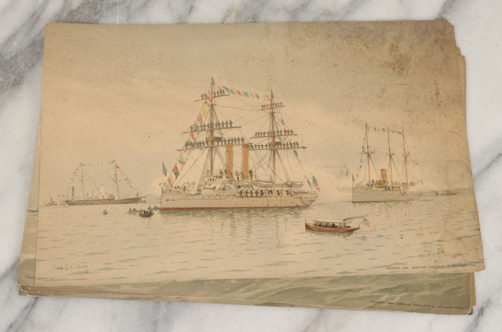 Lot 061 - Grouping Of 11 Antique Chromolithograph Prints Of U.S. Navy Battleships As Illustrated By Fred S. Cozzens, Copyright 1893 By The American Publishing Co., Hartford, Connecticut, Armstrong & Co., Lithographers, Boston