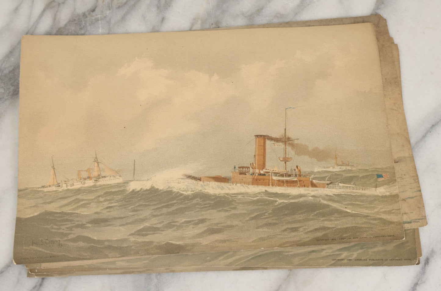 Lot 061 - Grouping Of 11 Antique Chromolithograph Prints Of U.S. Navy Battleships As Illustrated By Fred S. Cozzens, Copyright 1893 By The American Publishing Co., Hartford, Connecticut, Armstrong & Co., Lithographers, Boston