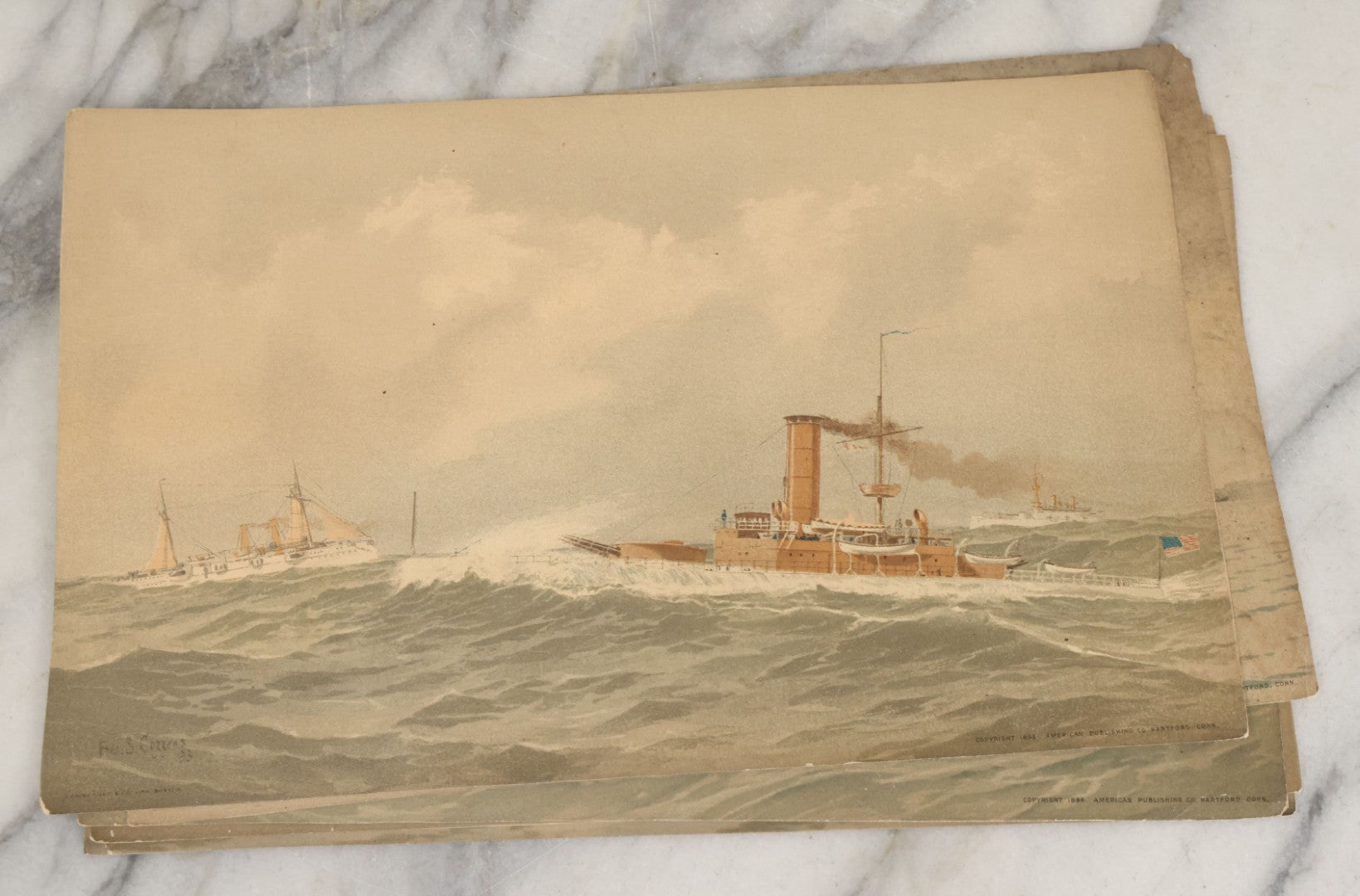 Lot 061 - Grouping Of 11 Antique Chromolithograph Prints Of U.S. Navy Battleships As Illustrated By Fred S. Cozzens, Copyright 1893 By The American Publishing Co., Hartford, Connecticut, Armstrong & Co., Lithographers, Boston