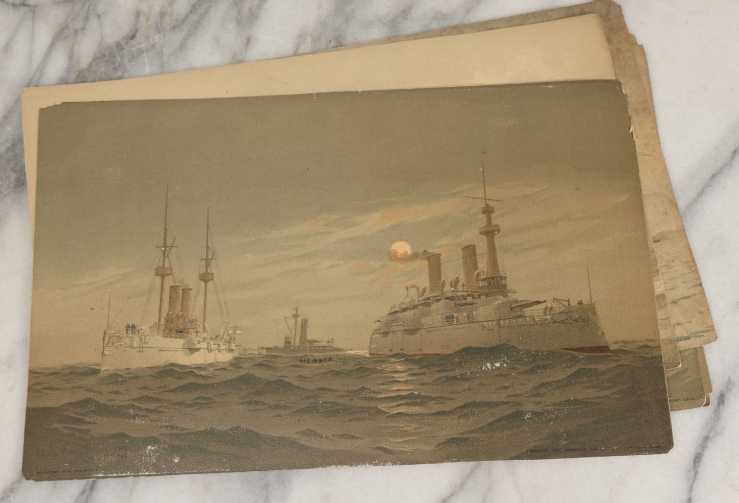 Lot 061 - Grouping Of 11 Antique Chromolithograph Prints Of U.S. Navy Battleships As Illustrated By Fred S. Cozzens, Copyright 1893 By The American Publishing Co., Hartford, Connecticut, Armstrong & Co., Lithographers, Boston