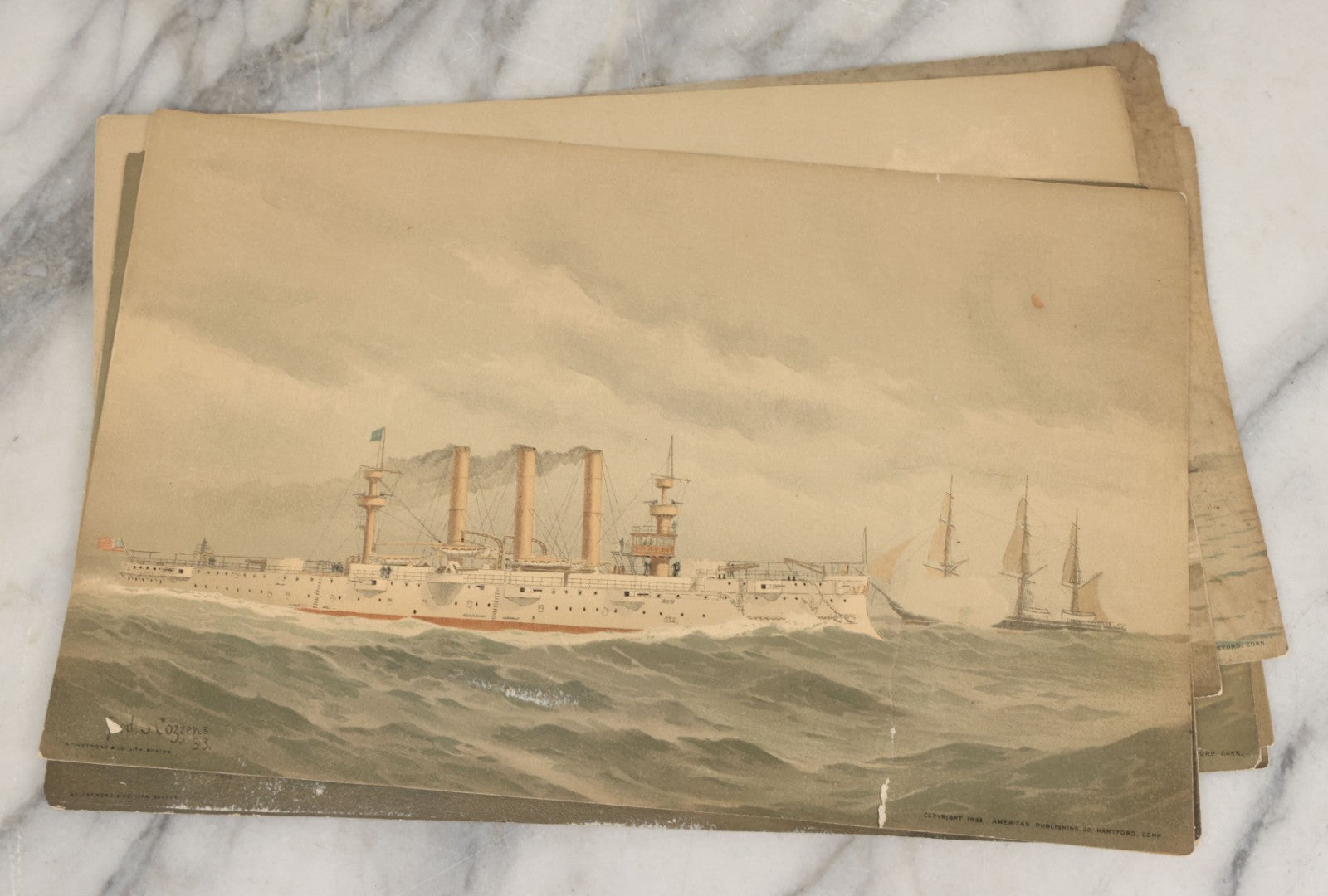 Lot 061 - Grouping Of 11 Antique Chromolithograph Prints Of U.S. Navy Battleships As Illustrated By Fred S. Cozzens, Copyright 1893 By The American Publishing Co., Hartford, Connecticut, Armstrong & Co., Lithographers, Boston