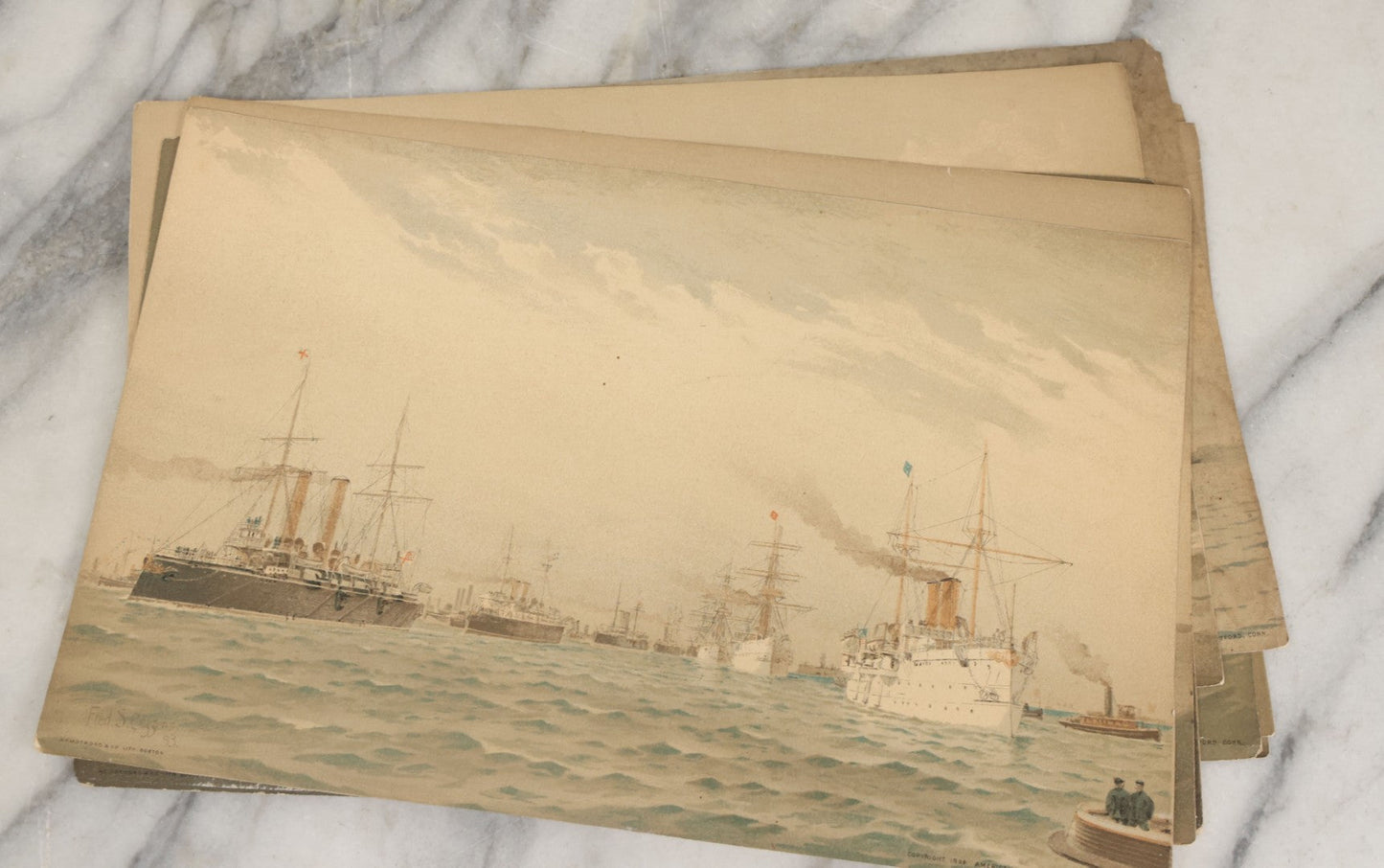 Lot 061 - Grouping Of 11 Antique Chromolithograph Prints Of U.S. Navy Battleships As Illustrated By Fred S. Cozzens, Copyright 1893 By The American Publishing Co., Hartford, Connecticut, Armstrong & Co., Lithographers, Boston