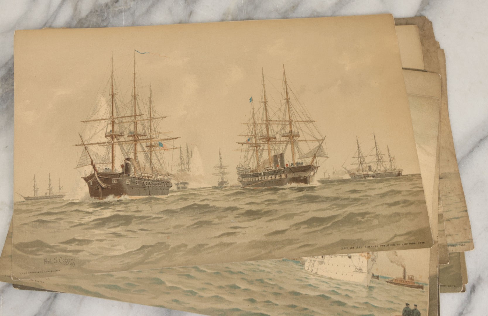 Lot 061 - Grouping Of 11 Antique Chromolithograph Prints Of U.S. Navy Battleships As Illustrated By Fred S. Cozzens, Copyright 1893 By The American Publishing Co., Hartford, Connecticut, Armstrong & Co., Lithographers, Boston