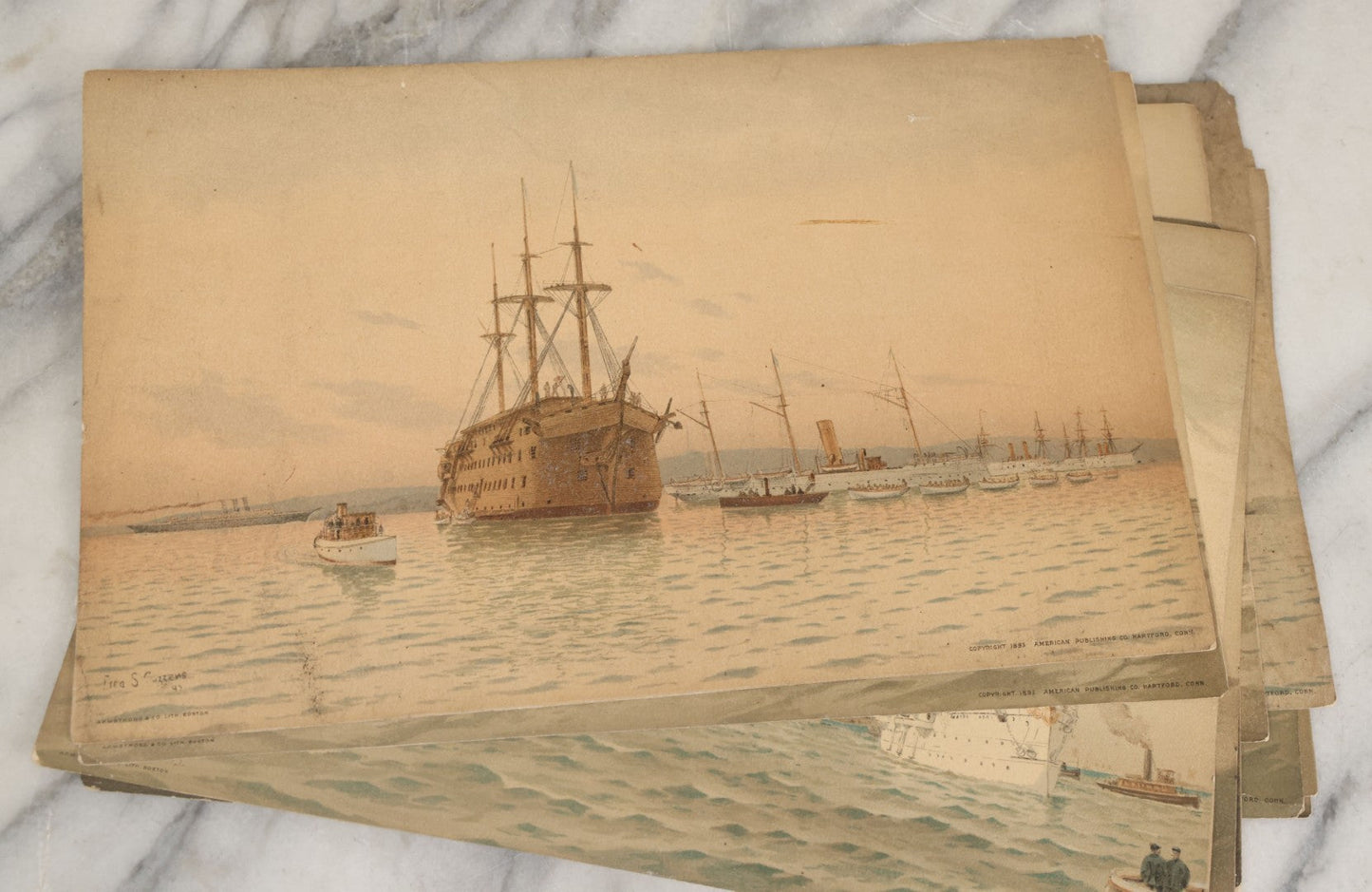 Lot 061 - Grouping Of 11 Antique Chromolithograph Prints Of U.S. Navy Battleships As Illustrated By Fred S. Cozzens, Copyright 1893 By The American Publishing Co., Hartford, Connecticut, Armstrong & Co., Lithographers, Boston